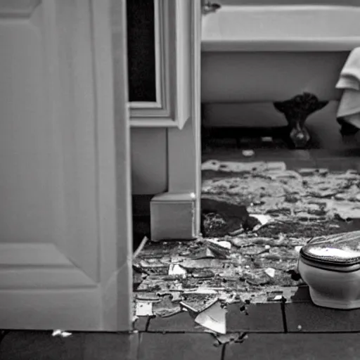 Prompt: a newspaper clipping with a photo showing a luxurious bathroom with a smashed mirror shattered on the floor