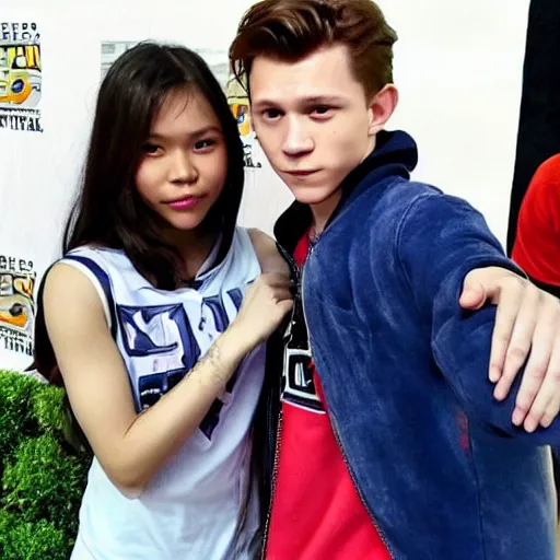 Image similar to Tom Holland with his arm around with a serious Filipina college girl