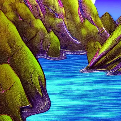 Prompt: digital artof a lush natural scene on an alien planet by lurid ( 2 0 2 2 ). beautiful landscape. weird vegetation. cliffs and water. interesting colour scheme. grainy and rough.