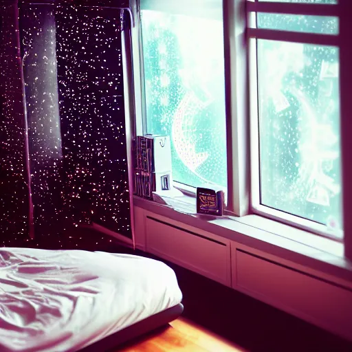 Image similar to calm photo of a futuristic otaku bedroom, bokeh + calm lighting