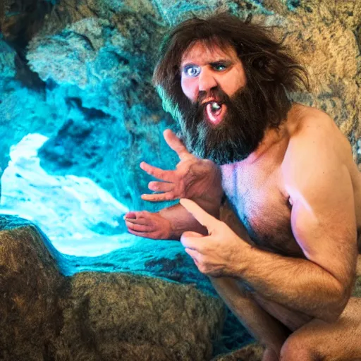 Prompt: photo of a caveman discovering blue fire for the first time, surprised reaction, award-winning photograph, soft lights, 8k