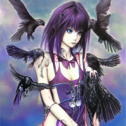 Prompt: half human half raven teen girl by Yoshitaka Amano