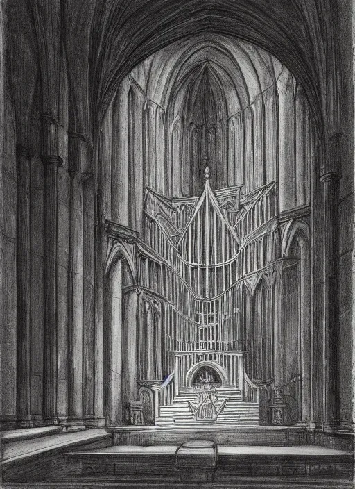 Image similar to pipe organ in a sunken cathedral, 1 9 th century charcoal and pencil drawing, high detail, high contrast