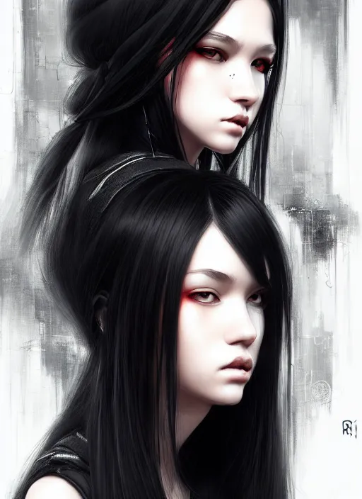 Image similar to portrait of long black hair girl within a streetwear. cynical face, concept art, cyberpunk illustration, intricate, highly detailed 8 k, smooth, matte, sharp focus, rim light, beautiful and aesthetic shape of face and body, artgerm, artstation, art by rinotuna