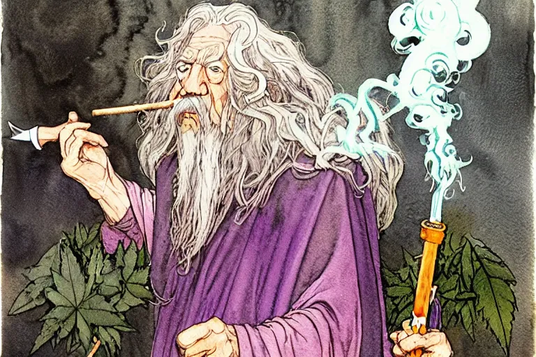 Image similar to a realistic and atmospheric watercolour fantasy character concept art portrait of gandalf with pink eyes lying on his back looking happy and confused and smoking weed out of his pipe with a pot leaf nearby, by rebecca guay, michael kaluta, charles vess and jean moebius giraud