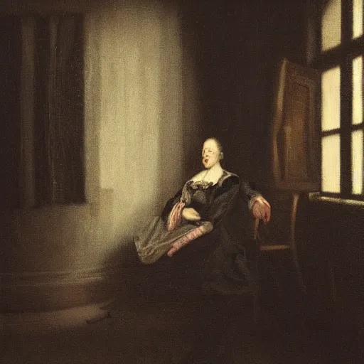 Prompt: a woman sitting on a chair inside of a dark, foreboding room, a dark figure ’ s face is depicted behind, 1 7 0 0 s oil painting, dark art, vignette, bloom effect, cgsociety, artstation, 4 k, 8 k