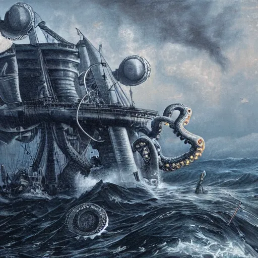 Prompt: hyper detailed painting of a ship being sunk by a giant octopus