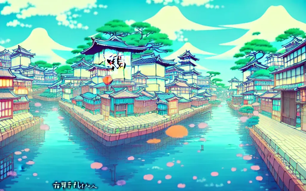 Image similar to a japanese city near the sea, lofi, dreamy, moody, very colorful, anime inspiration, ghibli vibe