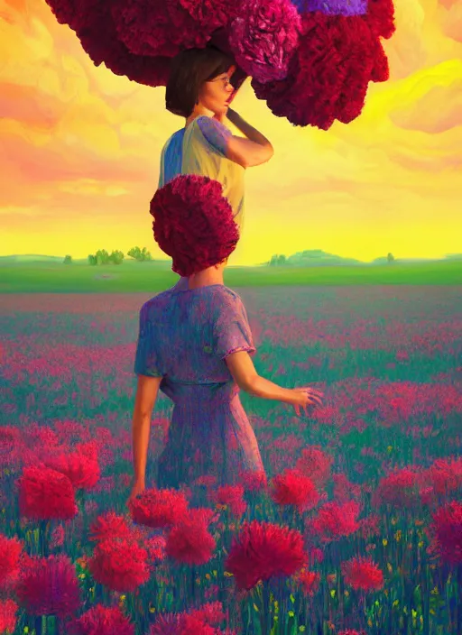 Image similar to woman with a giant carnation as a face, flower field, surreal photography, sunset dramatic light, impressionist painting, colorful clouds, blue sky, digital painting, artstation, simon stalenhag