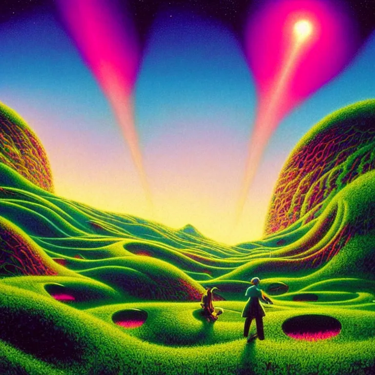 Image similar to shimmering molecules hovering over lush landscape, infinite crystal ascent, synthwave, bright neon colors, highly detailed, cinematic, panoramic, tim white, michael whelan, roger dean, bob eggleton, lisa frank, vladimir kush, kubrick, kimura, isono