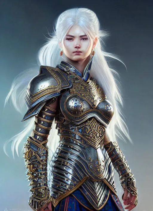 Image similar to warrior, intricate ornate opal heavy armor!!! beautiful and athletic white hair female!! gorgeous face and eyes!! character concept art, sharp focus, octane render! unreal engine 5! highly rendered!! trending on artstation!! detailed linework!! illustration by artgerm, wlop, and chie yoshii