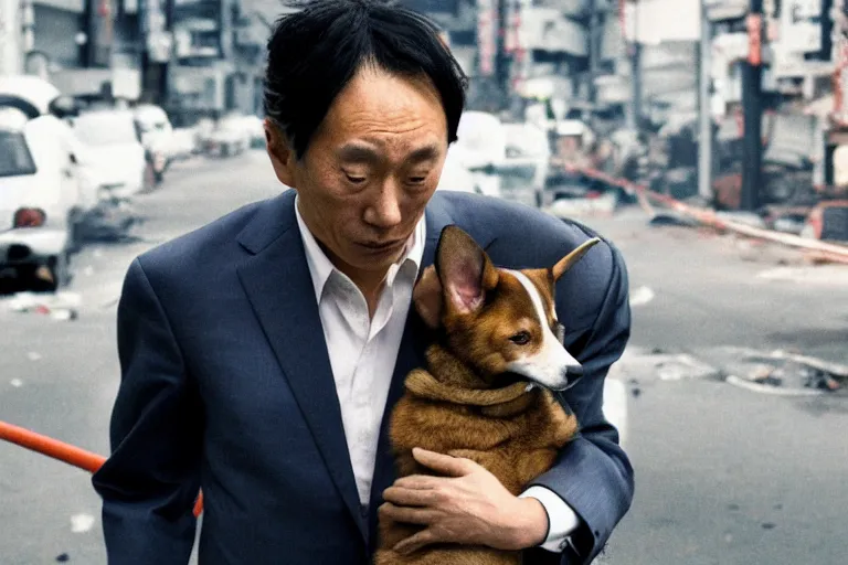 Image similar to cinematography closeup portrait of a Japanese business man carrying his dog running from an explosion in Tokyo by Emmanuel Lubezki