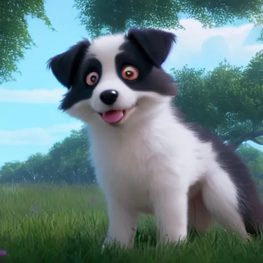 Image similar to a wholesome animation key shot of a gray black copper australian shepherd puppy, studio ghibli, pixar and disney animation, sharp, rendered in unreal engine 5, anime key art by greg rutkowski, bloom, dramatic lighting