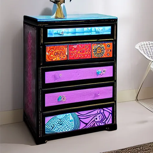 Prompt: surrealistic colorful chest of drawers