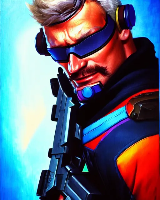 Image similar to soldier 7 6 from overwatch, colorful, fantasy, fantasy art, character portrait, portrait, close up, highly detailed, intricate detail, amazing detail, sharp focus, vintage fantasy art, vintage sci - fi art, radiant light, caustics, by boris vallejo