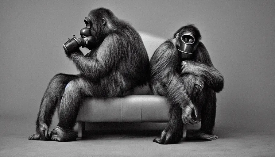 Image similar to great ape wearing a gas mask sitting on a couch, in the style of gregory crewdson