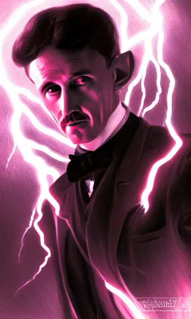 Image similar to nikola tesla, lightning, portrait, sharp focus, fantasy, digital art, concept art, dynamic lighting, epic composition, trending on artstation, by emylie boivin 2. 0, rossdraws 1. 0, artgerm 3. 0