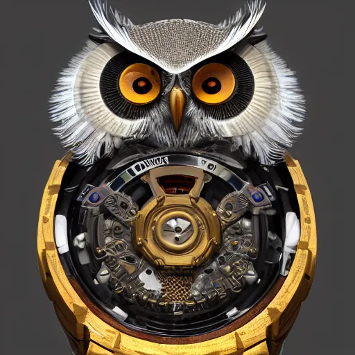 Image similar to detailed portrait of a mechanic owl, watch on his head, feathers from mechanical watch parts, in half a turn, hyper detailed, stylistic, symmetrical, 3 d render, 8 k, octane render