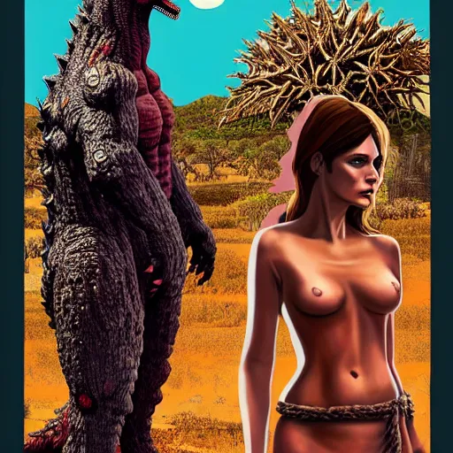 Prompt: adam and eve bigger than godzilla, red dead redemption illustration style, smooth painting, each individual seeds have ultra high detailed, 4 k, illustration, torn cosmo magazine style, pop art style, ultra realistic, underrated, by mike swiderek, jorge lacera, ben lo, tyler west