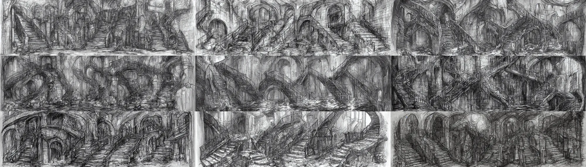 Prompt: a set of stairs leads out of the flooded sewer tunnels. fantasy art, underground, stream, musty, damp, sewage, darkness, water fall, underground, catacombs, abandoned spaces, torchlight. sketch art earthdawn campaign setting. myth drannor. parlainth. d & d.