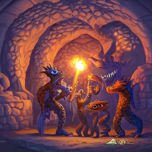 Prompt: a group of lizard-like kobolds digging in a tunnel by torchlight, dungeons & dragons artwork by Artgerm, Don Bluth