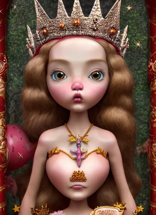 Prompt: highly detailed closeup, face profile portrait of a tin toy fairytale princess wearing a crown, bikini, unreal engine, nicoletta ceccoli, mark ryden, earl norem, lostfish, global illumination, detailed and intricate environment