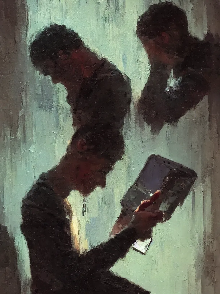 Image similar to a beautiful glitched oil painting of a man looking at his phone in a bathroom, by christian hook, color bleeding, brushstrokes by jeremy mann, cold top lighting