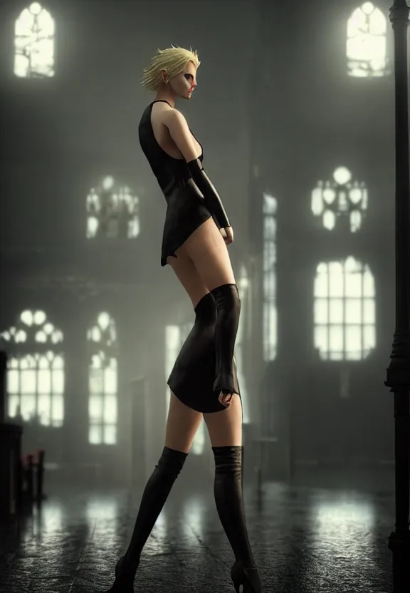 Image similar to playboy model annie leonhart posing with open toe heels in dunwall city, beautiful face, detailed face, cinematic lighting, rainy weather, melancholy atmosphere, volumetric light, octane render, gothic architecture, realistic reflections, octane render 8 k, model agency, instagram photo, depression and despair