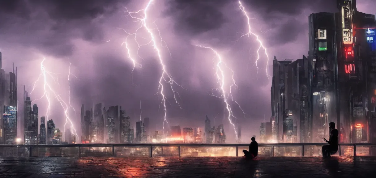 Image similar to shot of the roof with single man sitting on the edge during rain, below impressive cyberpunk night city during great rainy storm with lightning, nightscape, futuristic architecture, realistic photo, neons, blade runner, akira style, cinematic lighting, cinematic angles