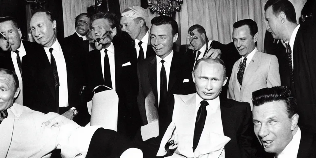 Prompt: trump and putin hanging out with frank Sinatra and his mobster friends