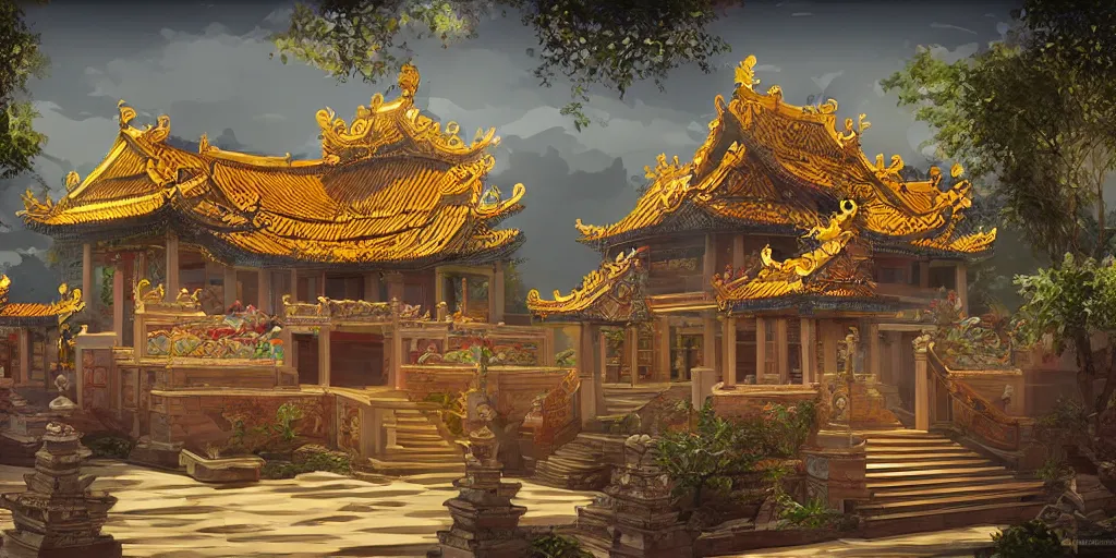 Prompt: vietnamese temple scene, 2 d game art background, sharp, detailed, intricate, game level design, cinematic lighting, trending on artstation, in style of vinodh sivaraja and lam manh