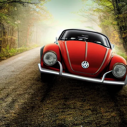 Prompt: promotional scifi - mystery movie scene of a ( volkswagen beatle ) and ladybug hybrid that's more ladybug. racing down a dusty back - road in smokey mountains tennessee. cinematic, 4 k, imax, 7 0 mm, hdr