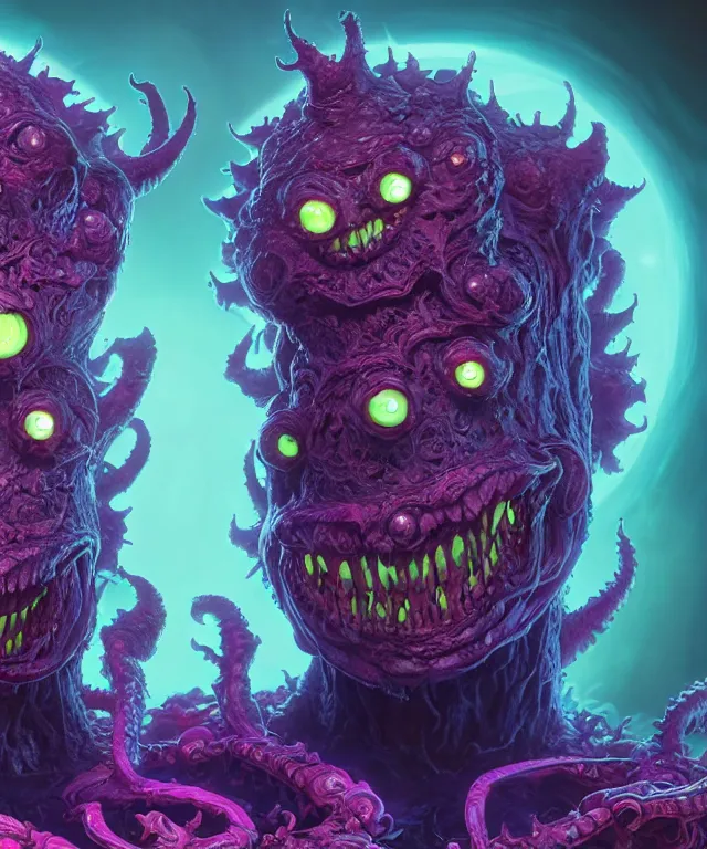 Image similar to a two headed xanathar made of bioluminescence in the art style of monsters inc, crisp 8 k line art, digital painting, artstation, unreal engine, octane render, emissive lighting, concept art, matte, sharp focus, hyper realistic lighting, illustration, deep royal blue and pink color scheme, art by philippe druillet