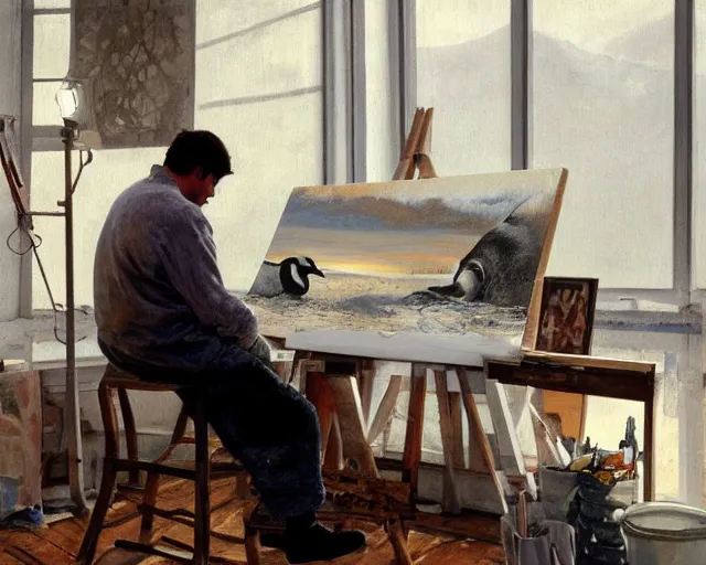 Image similar to an exhausted painter in his studio painting a picture of a penguin - key lighting, soft lights, foggy, by steve hanks, by lisa yuskavage, by serov valentin, by tarkovsky, 8 k render, detailed, oil on canvas