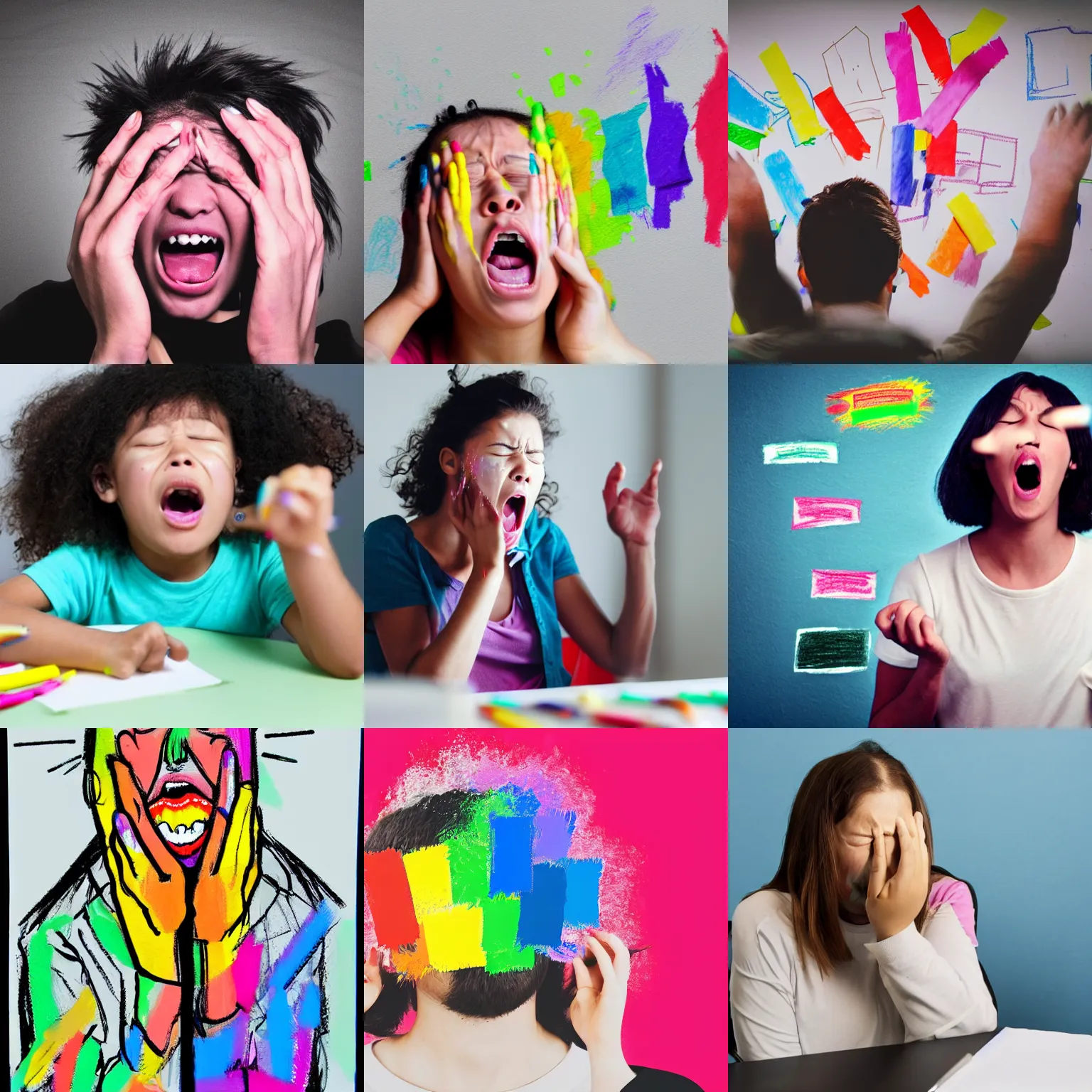 Prompt: photo of a person yelling!!! at a computer screen angrily, crayons and paper everywhere, closed eyes