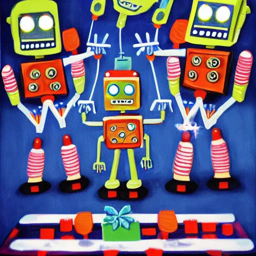 Prompt: three robots having a cool party birthday party, highly detailed