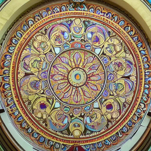 Prompt: huge 3 d plasterwork mural colourful detailed ornamental abstract art nouveau large circle mandala, full sized circle, art by alphonse mucha and walter crane and louis sullivan and william morris