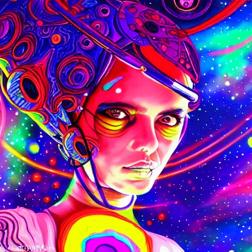 Prompt: A space pirate girl having an extremely colorful psychedelic experience in outerspace, warping time and space, magic mushrooms, psilocybin, LSD, face, space helmet, futuristic, detailed, intricate, elegant, highly detailed, digital painting, artstation, concept art, smooth, sharp focus, illustration, art by Krenz Cushart and Artem Demura and Alphonse Mucha