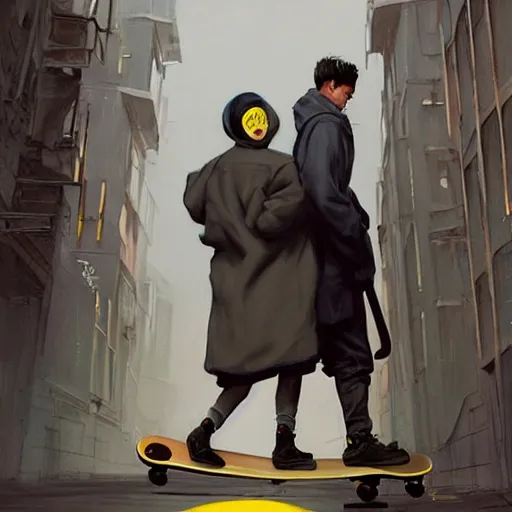 Prompt: a highly detailed epic cinematic concept art CG render digital painting artwork costume design: a girl in a 1950s extremely oversized hoodie and giant 1950s man's coat, with a skateboard. all in grey and yellow. By Greg Rutkowski, Ilya Kuvshinov, WLOP, Stanley Artgerm Lau, Ruan Jia and Fenghua Zhong, trending on ArtStation, made in Maya, Blender and Photoshop, octane render, excellent composition, cinematic atmosphere, dynamic dramatic cinematic lighting, aesthetic, very inspirational, arthouse