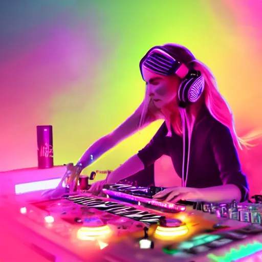 Image similar to a female woman dj playing music on a controller under the stars at a rave party, wearing headphones, long blonde hair with a side part, small kitten sitting nearby, neon pink, neon purple, octane 8 k render, hyper realistic, cyberpunk