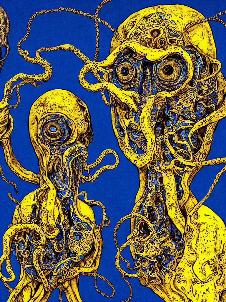 Image similar to a self portrait by the artist kelbv, in distinct hyper detailed style with tubes coming from eyes, and hollowed skull filled with blue and yellow paisley ellipsoids, perfect studio lighting against a backdrop of a still from the movie squid asthma.