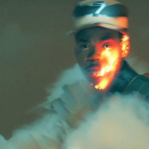 Image similar to cinematic film still of Chance The Rapper starring as a Samurai holding fire, Japanese CGI, VFX, 2022, 40mm lens, shallow depth of field, film photography