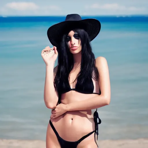 Prompt: photorealistic instagram high detail photo of a well developed goth girl with brunette hair and bangs wearing a black 2 - piece swimsuit, fishnets, and a large black gothic sunhat at the beach in vogue style 4 k