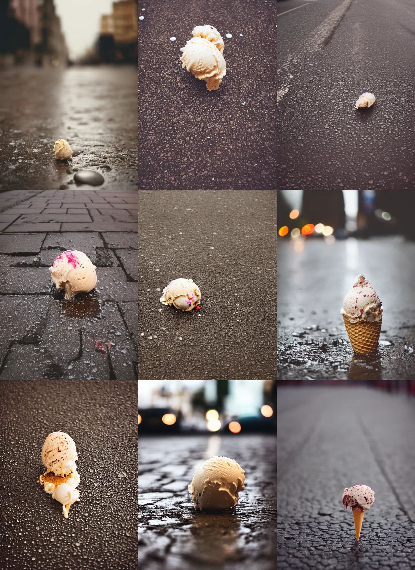 Prompt: medium format film close up of a dropped ice cream on the pavement in a rainy day, hasselblad film bokeh, unsplash, soft light photographed on colour expired film