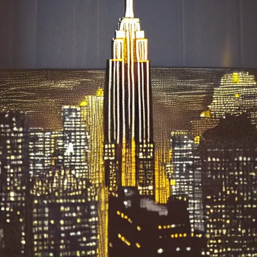 Image similar to photo of the empire state building made out of cheese at night, bright city lights