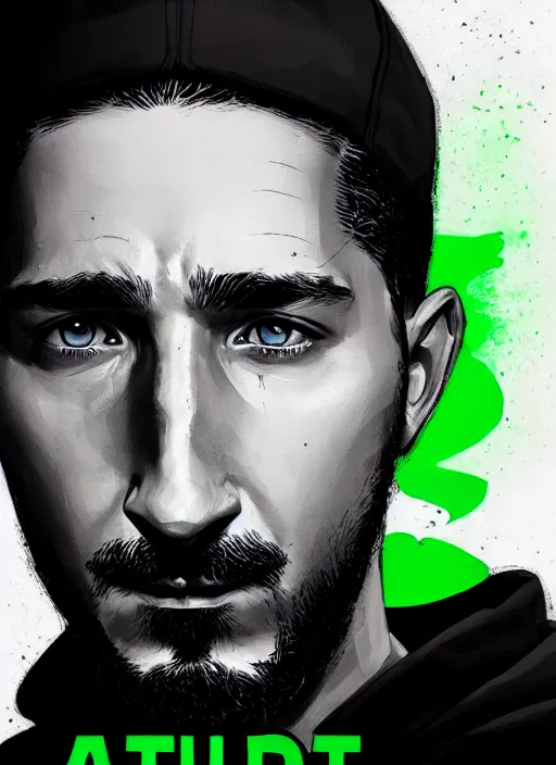 Image similar to highly detailed closeup portrait motivational poster of shia lebouf with large bold letter motivational words by greg rutkowski, by artgerm, gradient green, black and white color scheme, black border