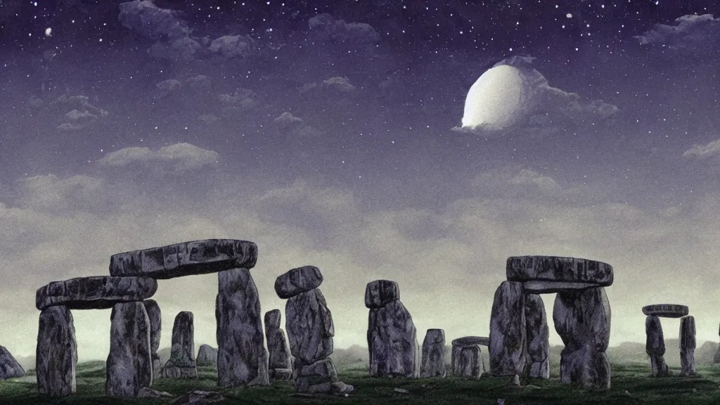 Image similar to a cell - shaded cartoon from princess mononoke ( 1 9 9 7 ) showing a huge ufo over stonehenge. in the background is machu pichu on a misty and starry night. very dull muted colors, hd, 4 k, hq