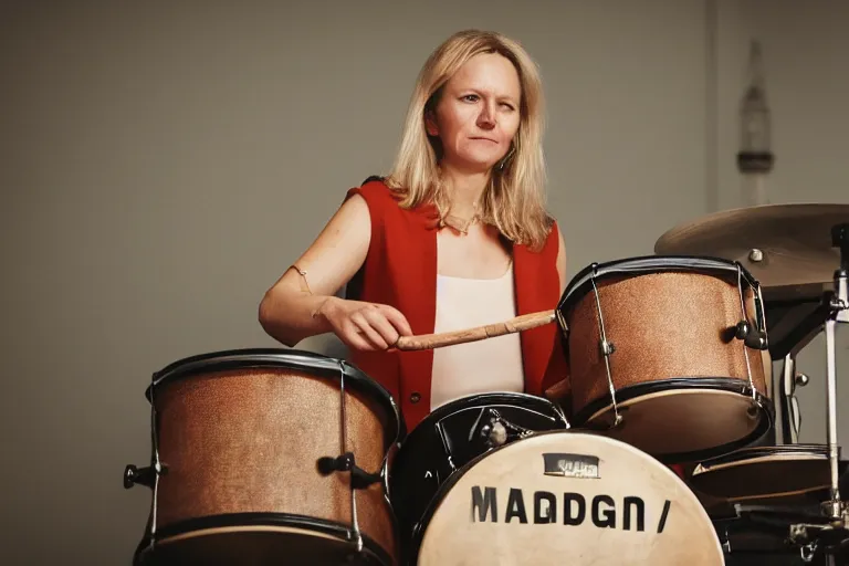 Image similar to A photo of The Prime Minister of Sweden, Magdalena Andersson, playing a drums on stage. natural colors, character photography, Exquisite detail, post-processing, masterpiece, photorealistic