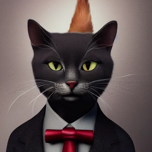 Image similar to a high quality photo of a cat wearing a suit and smoking, render, ultra realistic, cgsociety