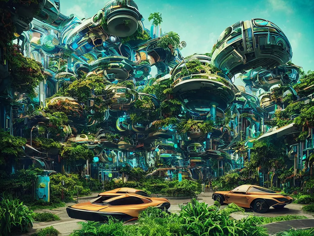 Image similar to 80s futuristic outdoor retro arcade, desolate, lush vegetation:: by beeple and James Gilleard and Justin Gerard :: ornate, dynamic, particulate, intricate, elegant, highly detailed, centered, artstation, smooth, sharp focus, octane render, 3d